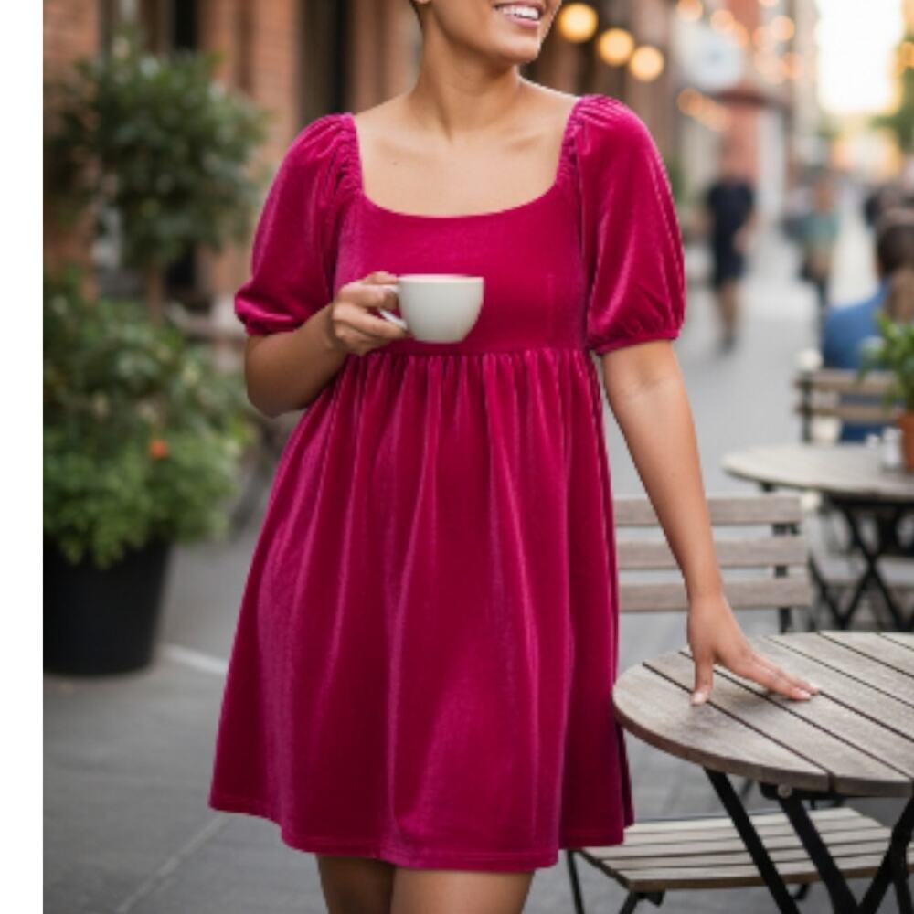 English Factory Rasbperry Red Pink Puff Sleeve Velvet Babydoll Dress Size Medium